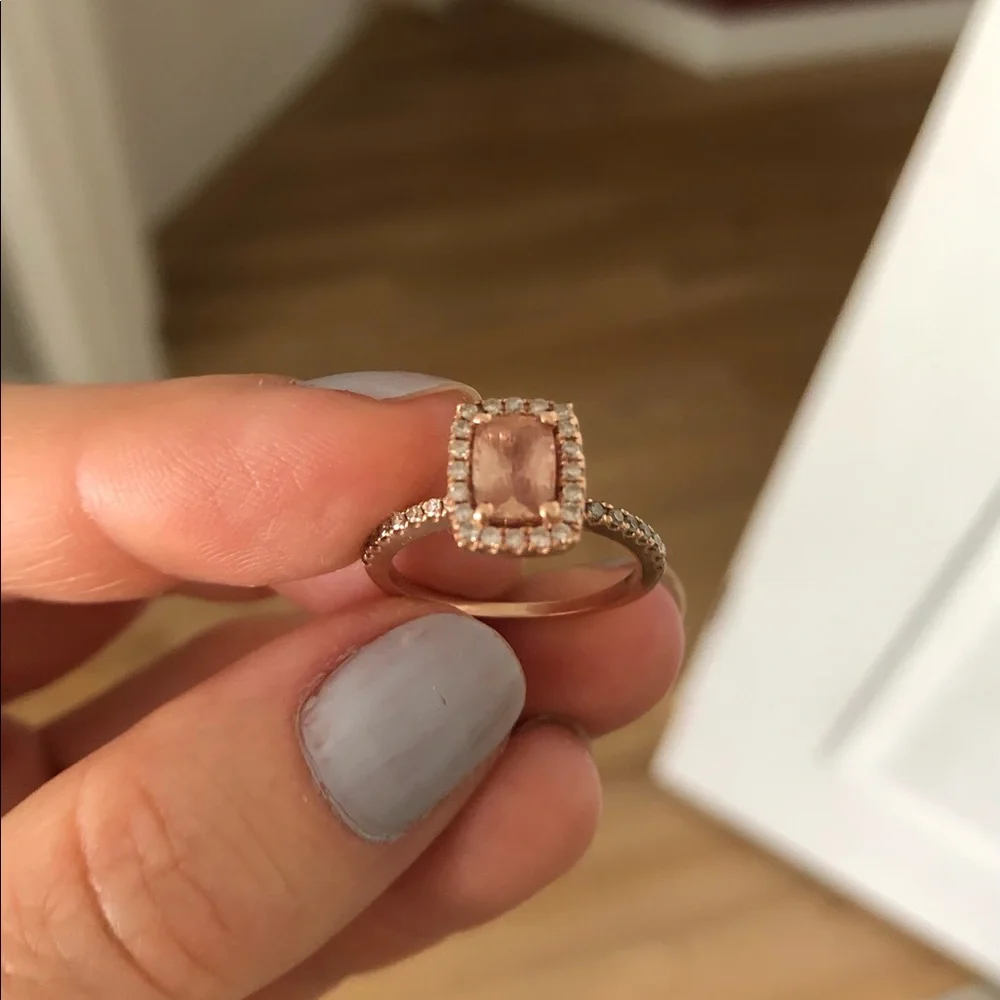 14k rose gold, diamond and emerald cut peach sapphire engagement ring - Picture 12 of 16